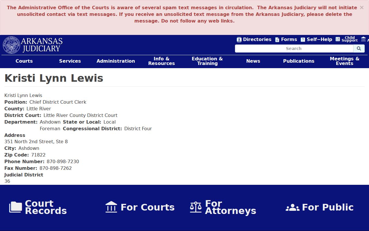 Arkansas judiciary entry for Ashdown District Court Clerk Kristi Lewis
