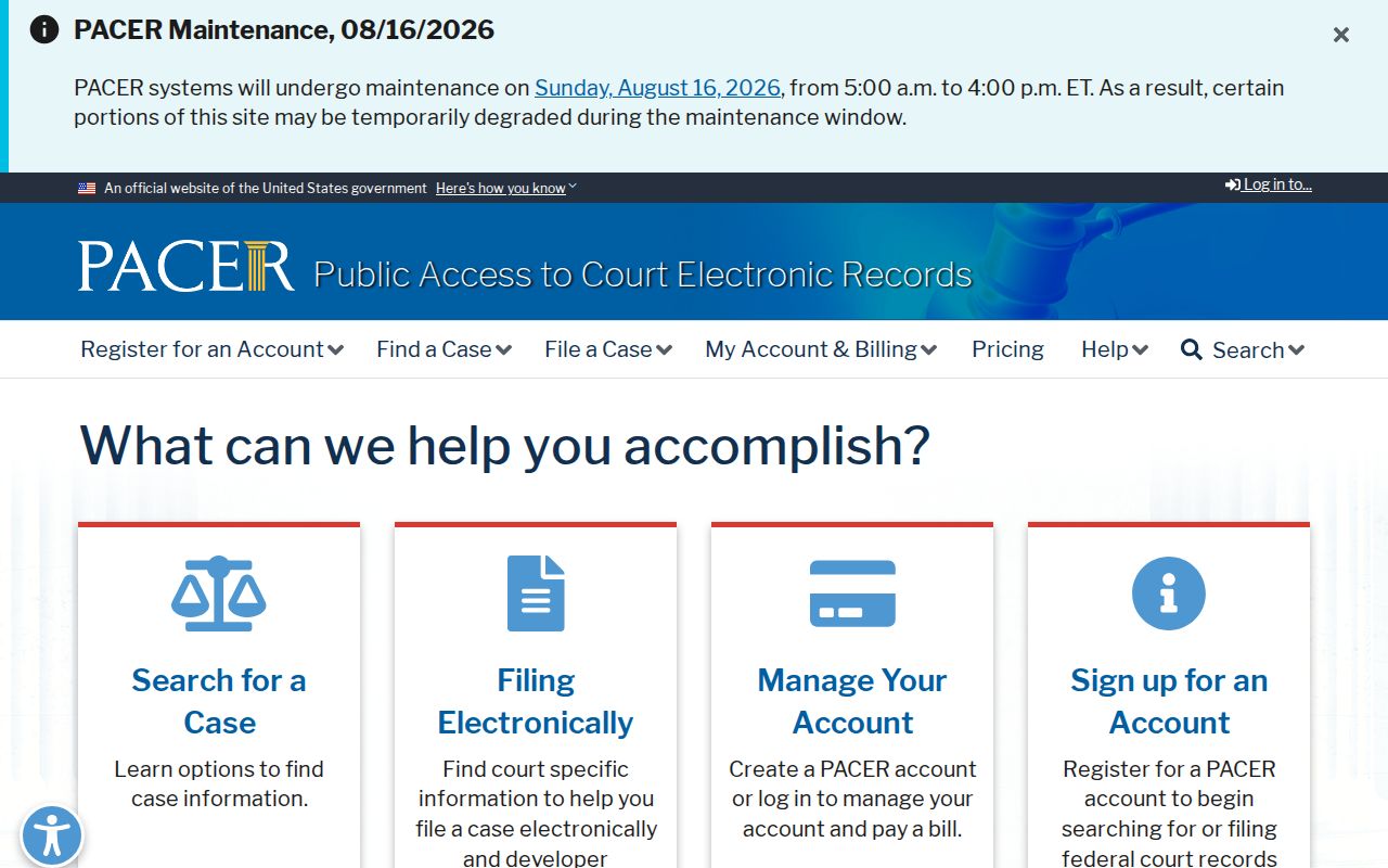 PACER federal docket search home for Ogden-related federal records