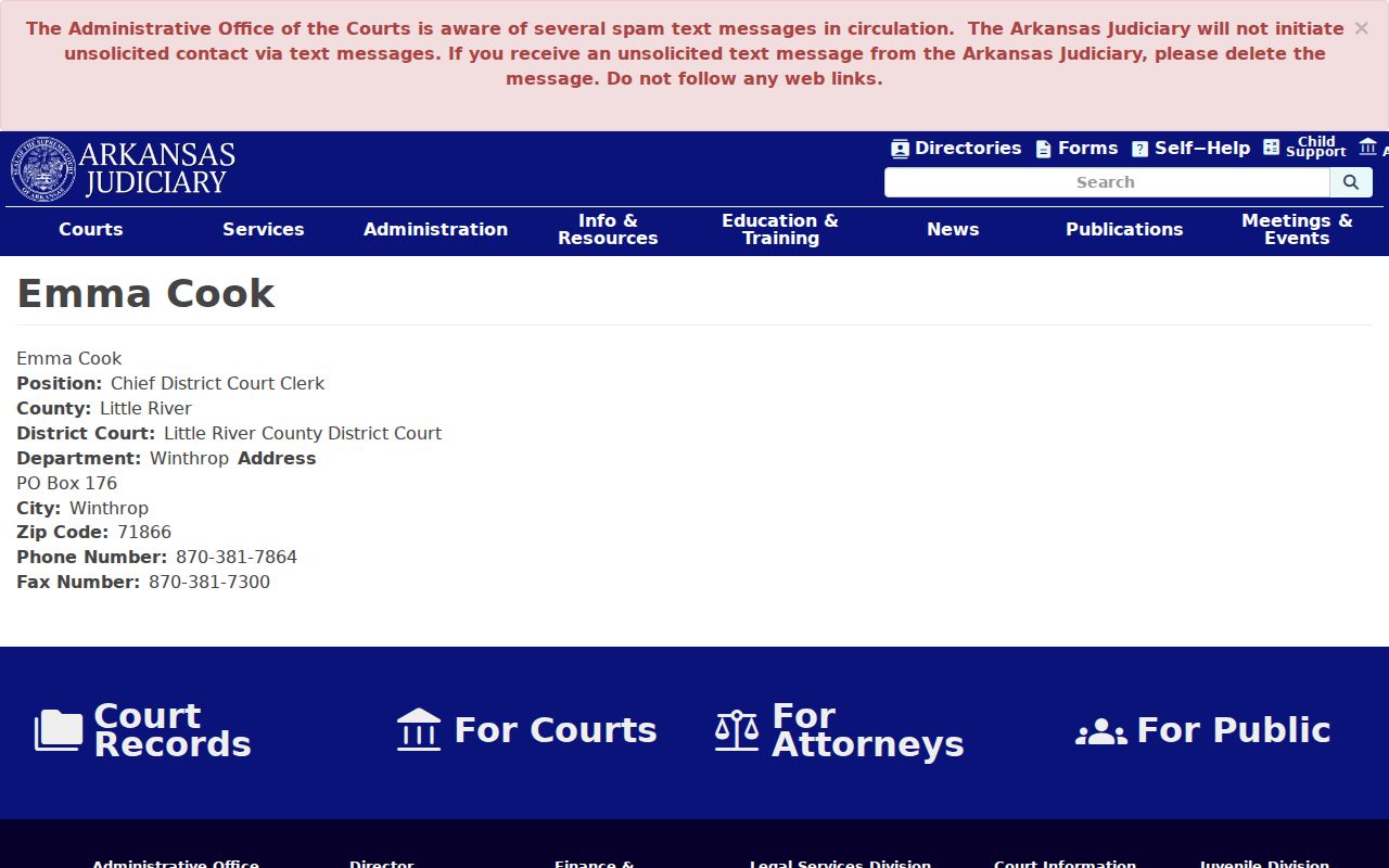 Arkansas judiciary directory entry for Winthrop clerk Emma Cook